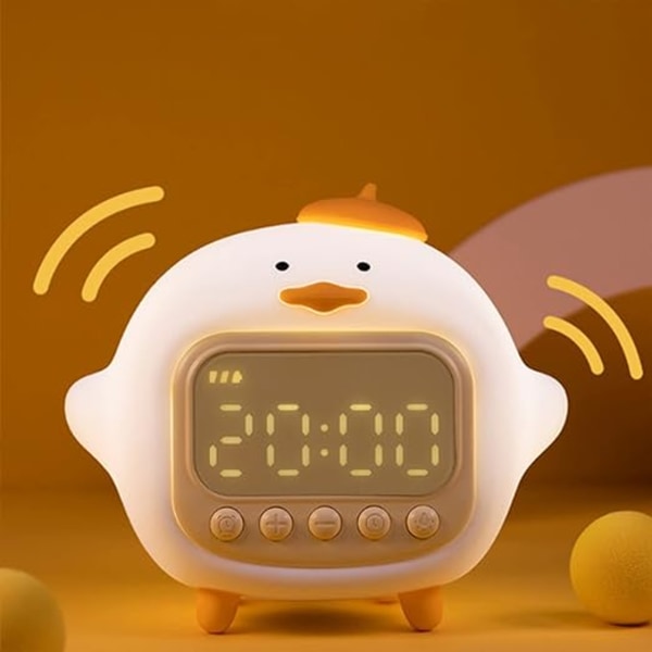 (Hvid) Duck Cute Alarm Clock Night Light, Justerbar Lysstyrke