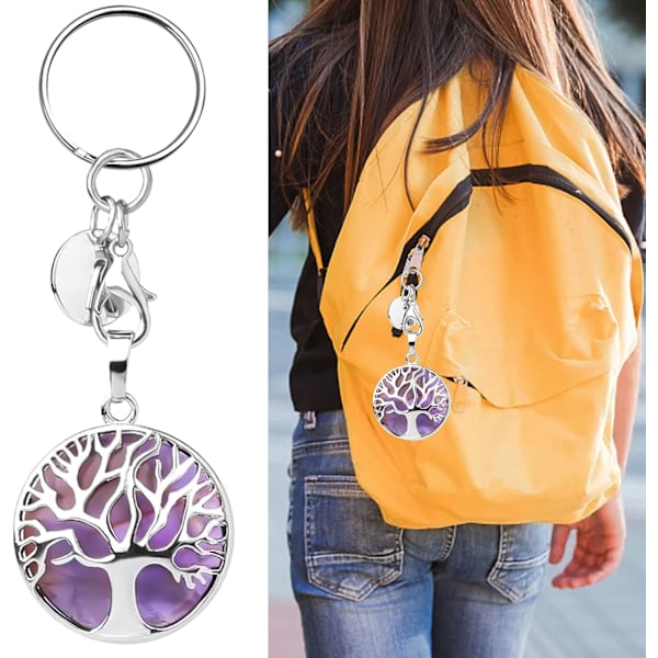 2 stk. Natursten Nøglering, Livets Træ Lithoterapi Reiki Lykkebringer, Amethyst Lommevedhæng, Sundhedsdekoration S