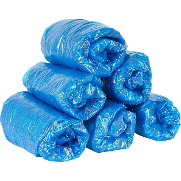 Pakkaus, jossa 100 vedenpitävää kertakäyttöistä premium-polyeteenistä valmistettua kenkäsuojusta - Sininen 37x15cm.