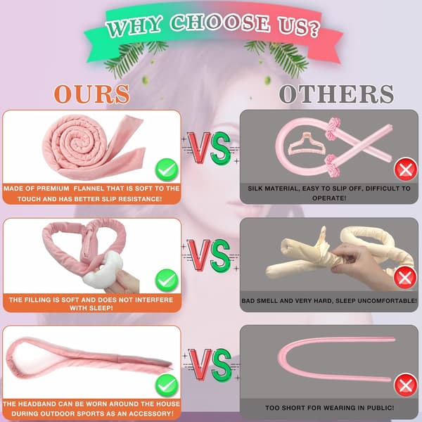 Varmefri krøller, Hårkrøller Varmefrie Hårkrøller Fløyels Hårkrøller Hårruller Krøllejern Hodebånd (Pink)