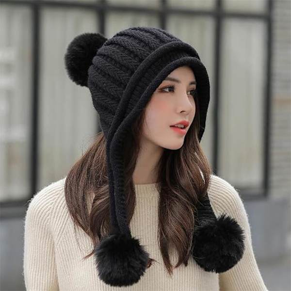 Vinterlue Beanie-lue med Peruansk Sirkelskjerfsett, Skiøreklaffer for Kvinner
