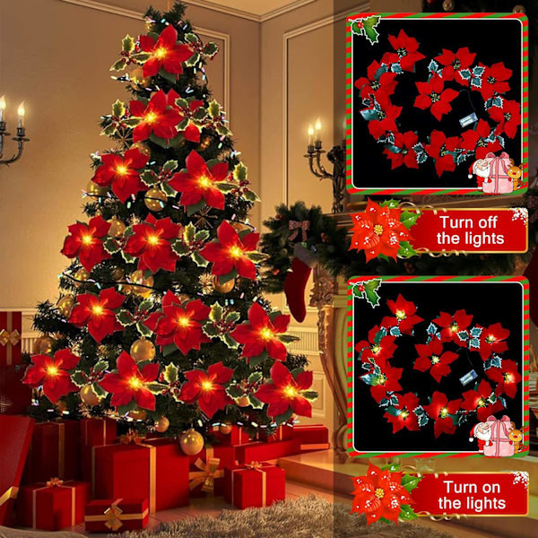 Tekojoulukuusi Valojuova 2m 10LED Paristokäyttöinen Sametti Punainen Marjat ja Holly Lehdet Poinsettia Fl