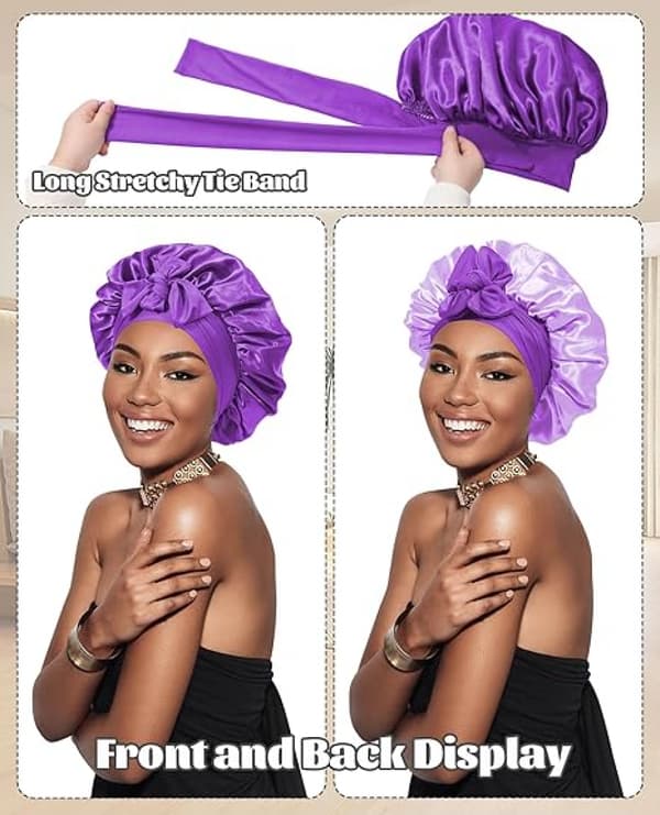 Satin Bonnet Silke Bonnet til Søvn Silke Nathætte Dobbelt Lag Hår Bonnet med Elastisk Bånd til (Dark Purple+light Purple)