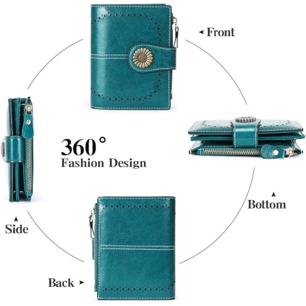 (Peacock Blue) Liten bifold plånbok i läder för kvinnor med ID-fönster