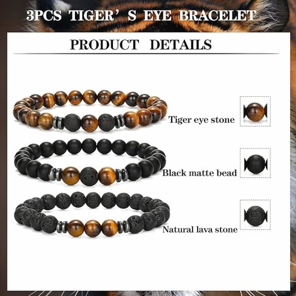 Frostet Blå Tigerøje Vulkansk Sten 3 Stykker 8mm Perlearmbånd I