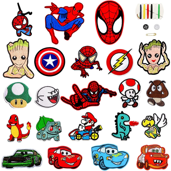 Sæt med 22 stryge-på-patches til tøj, Spider-Man til børn