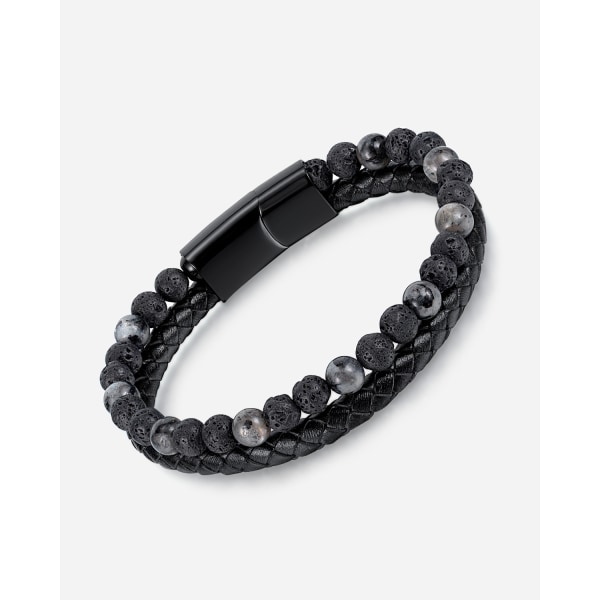 Men's Braided Leather Bracelet - Black Natural Stone Bracelet with Stainless Steel Magnetic Clasp - Men's Leather Bracel