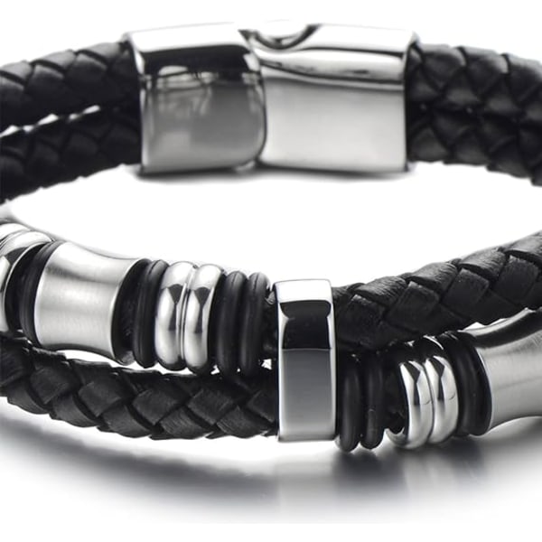 Mænds Dobbelt-Række Sort Flettet Læder Armbånd Bangle Håndledsrem w U
