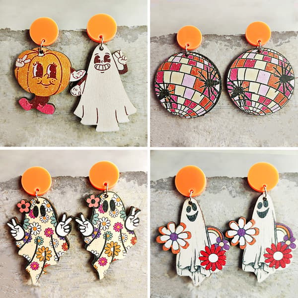 Halloween Thanksgiving Øreringe Retro Stil Græskar Spøgelse Edderkop Farverige Blomster Søde Sjove Træ E