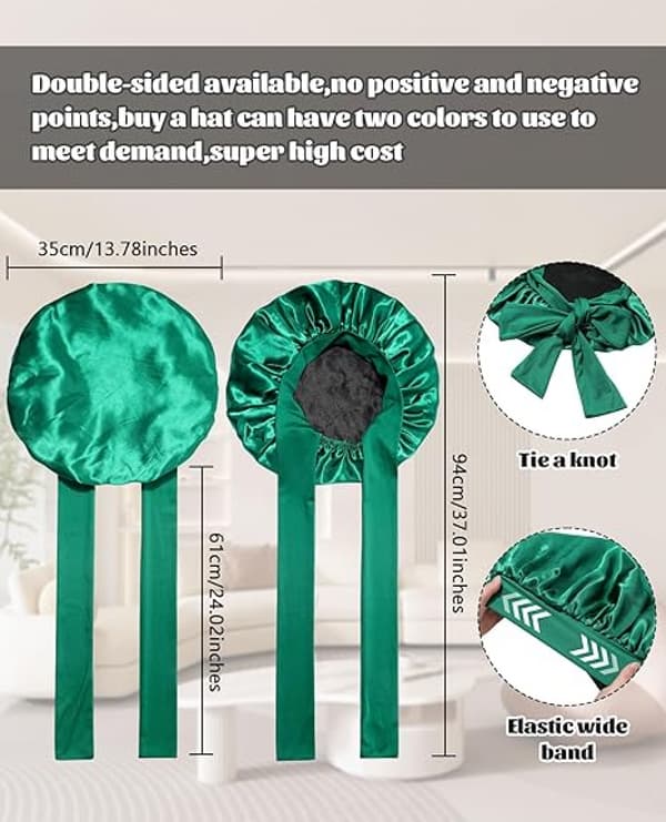 Satin Bonnet Silke Bonnet til Søvn Silke Nathætte Dobbelt Lag Hår Bonnet med Elastisk Bånd til (Dark Green+black)