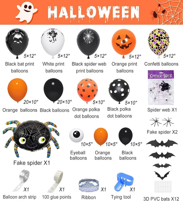 125 stk. Halloween ballon guirlande festdekorationssæt edderkop web flagermus græskar spøgelse øjenæble orang