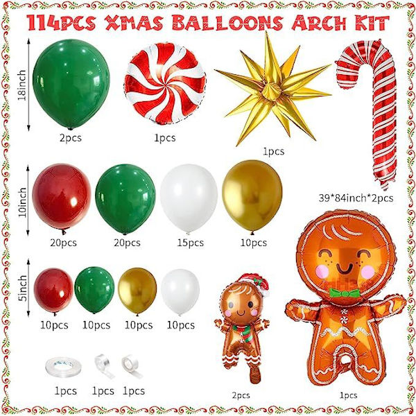114 stk Røde Grønne Guld Metallic Latex Juleballoner med 3D Jule Stjerne, Slikkepind, 4D Gaveæske til Jul, N