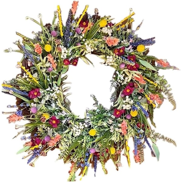 Blomsterkrans för ytterdörr vår sommar krans med små vilda blommor gröna blad dörrkrans fo