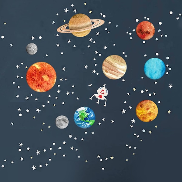 Nio Planeters Väggdekal, Barnväggdekal, Solsystemets Väggdekor, Barnrum Baby Vardagsrum