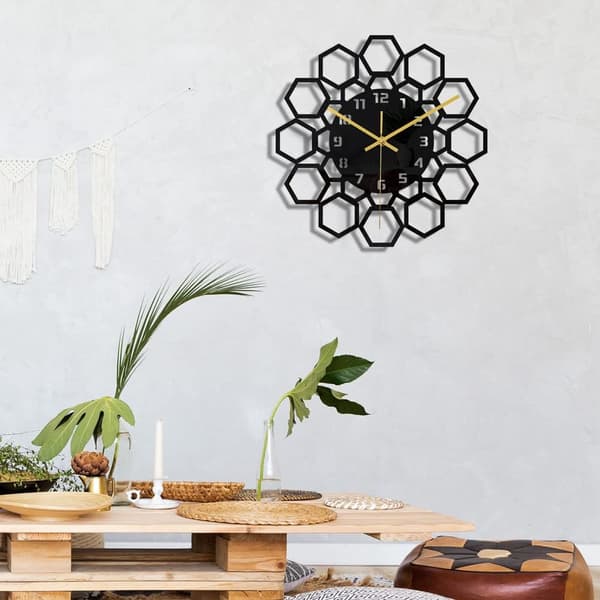 （hexagon）Svart rund ram väggklocka DIY Tyst modern design väggklockor lämplig för sovrum vardagsrum kontor konst D