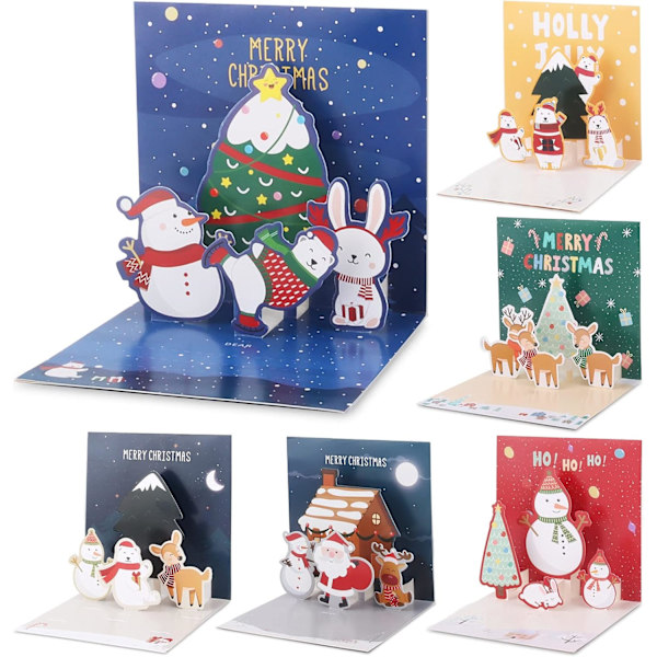 6 stk 3D Julekort med konvolutter (1), 3D Pop Up Julekort God Jul Postkort, Julenissen