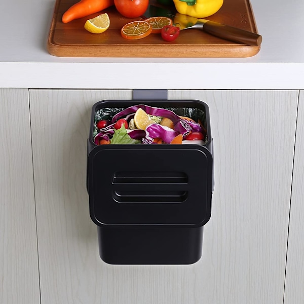 (Svart) Hängande liten soptunna med förseglad lock under diskho, 1,3 gallon monterbar kompostbehållare. Ingen O
