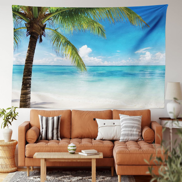 Ocean Tapestry, Exotic Beach Water ja Palm Tree by the Shore with Clear Sk