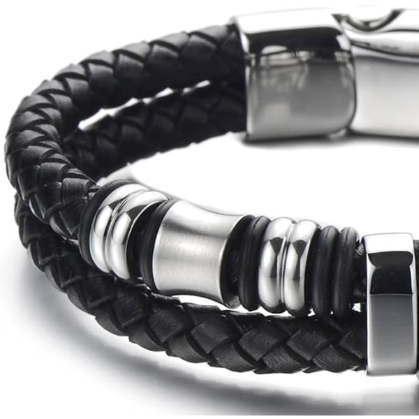 Mænds Dobbelt-Række Sort Flettet Læder Armbånd Bangle Håndledsrem w U
