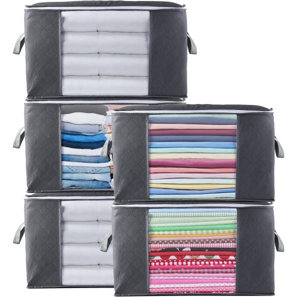 Set med 5 klädförvaringsväskor 90L, Klädförvaringslåda för Täcke i Tjockt Non-Woven, Vikbar Täcke Sängkläder Fil Y