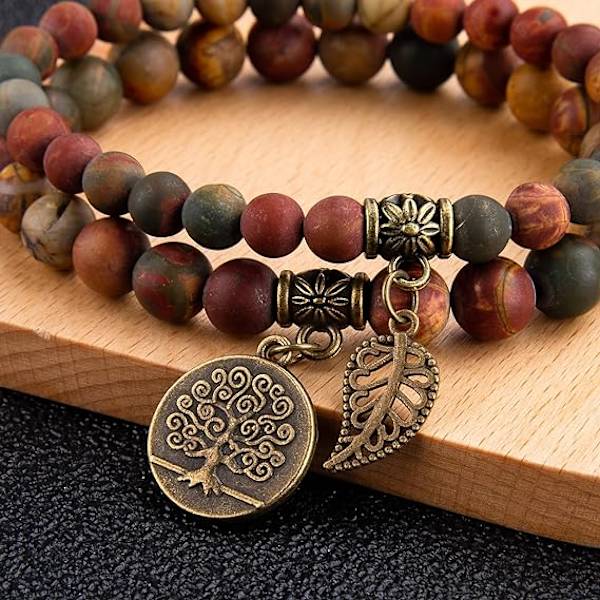 Naturstensarmband - damarmband med naturliga pärlor - Set med två armband med livets träd och bladtillbehör U