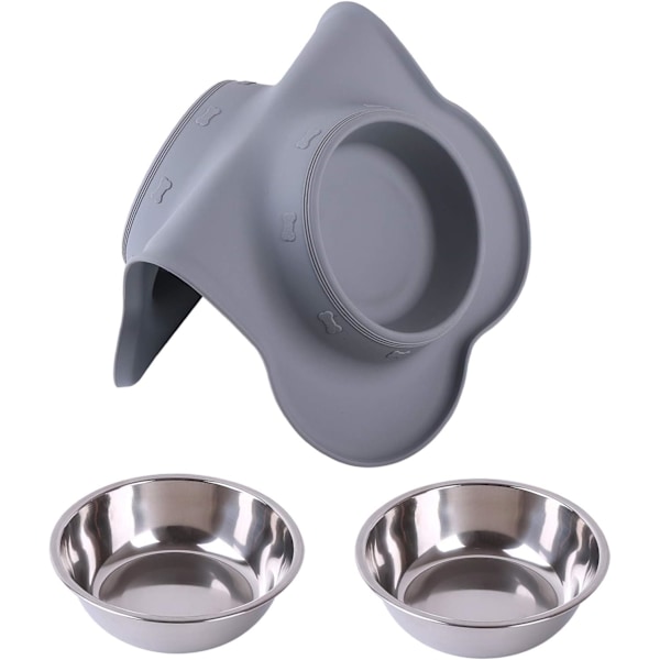 (Grå) Pet Dog Bowl 2 Rustfrit Stål med No-Spill Skridsikker Silikone Måtte og Fo