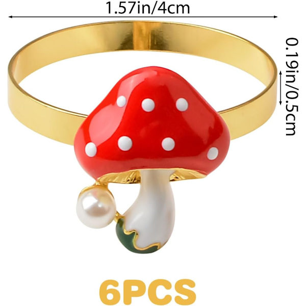 Rød sopp perle serviettring, 6 stk serviettholder ring elegant serviettringer dekor metall serviettring