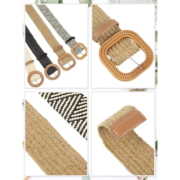 2 st halmflätade elastiska stretchbälten för kvinnor (vit och svart), bred boho flätad klänning