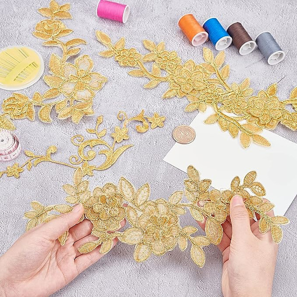 2 stk. Broderet Blondering Blomst Patches, Stryge-på Sy-på Patches Guld T