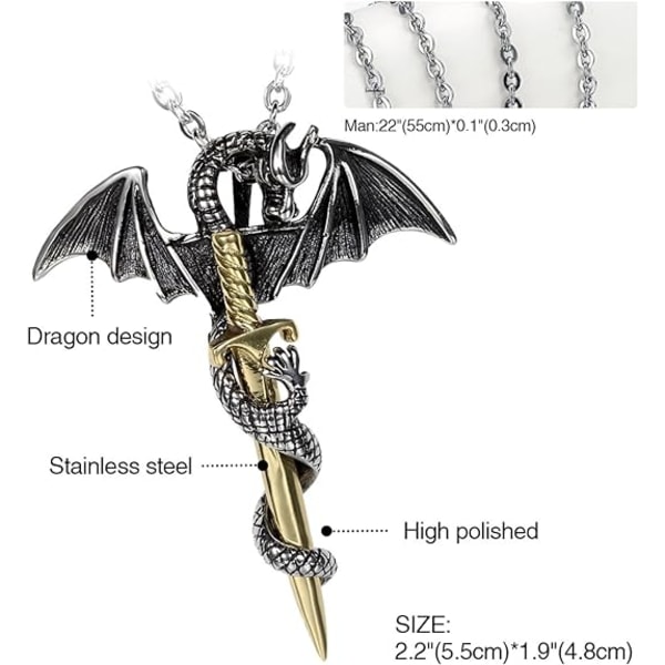 Mænds Dragon Bat Sword Halskæde, Punk Rock Rustfrit Stål Vedhæng