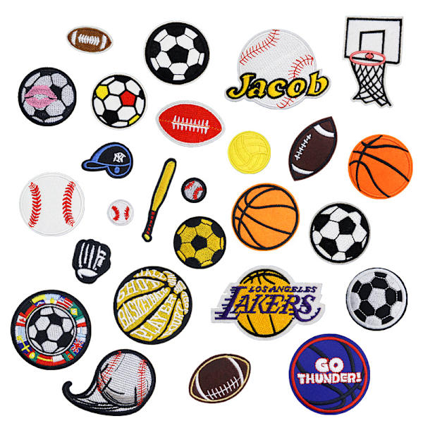 26 silitysraudalla kiinnitettävää kangasmerkkiä Koripallo/tennis/rugby/jalkapallo S