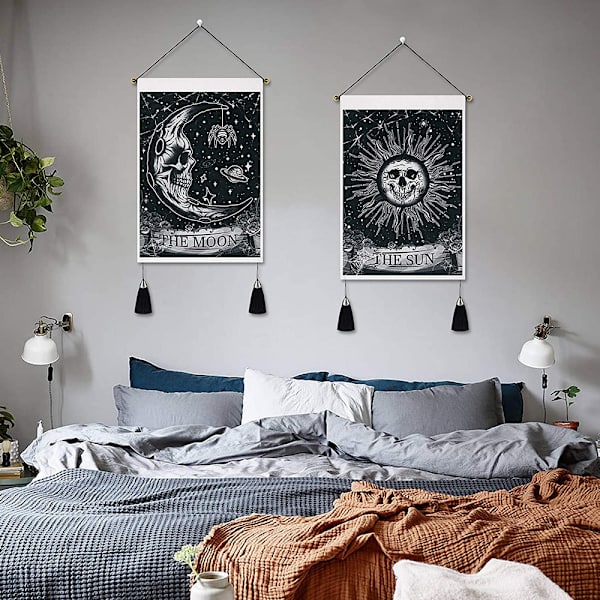 2 kpl Kuu ja Aurinko Tarot-kortti seinävaatteita Aurinko Kuu Seinävaate Kukka Kallo Psykedeelinen Tähdet Hanka