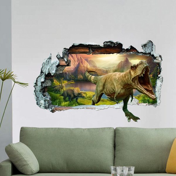 3D dinosaurie väggdekaler bryter igenom stora dino djungel dinosaurie väggdekaler baby pojke barn sovrum