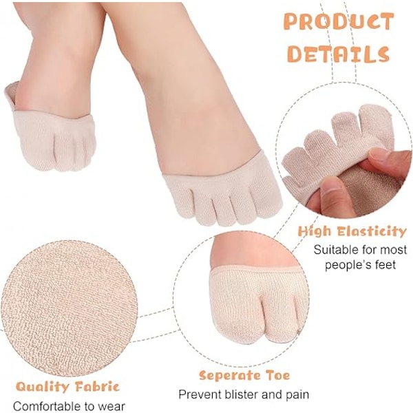 6 par tåstrømper (3 par beige + 3 par sorte) No Show Liner Socks til kvinder Finger Half Socks B