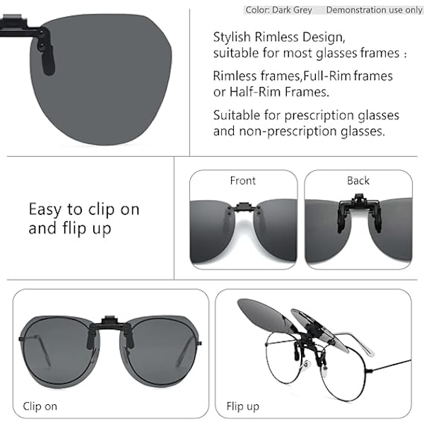 Gule Clip-on Solbriller - Polariserte Clip-on Solbriller over Briller Unisex, Rammeløse Polariserte Flip B
