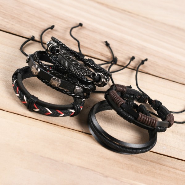 Armbandset för män - Pärlor, Läder, Flätat Rep, Flerskikts B