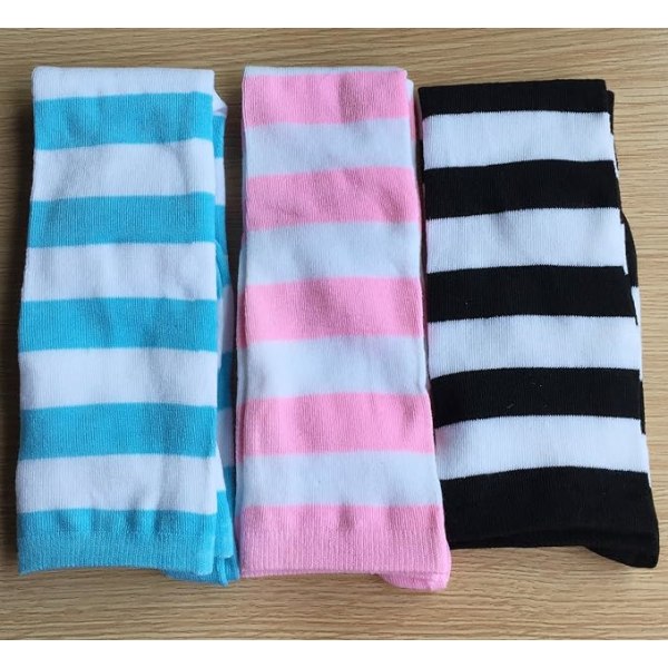 3 Par Strømper til Kvinder - Knæhøje, Simpel Stil, Tykke Striber Sort+Blå+Pink, Medium Størrelse D