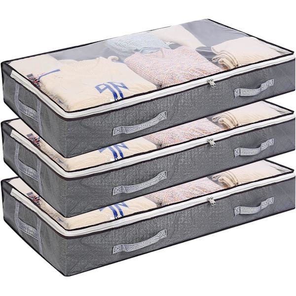3 stk Underbed Oppbevaringsposer Foldbar Klespose 75L Stor Kapasitet Oppbevaringsbeholdere med Klar Vindu Forsterket Håndtak H