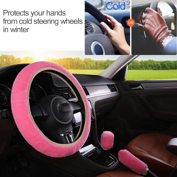 (Pink) 3 PCS Steering Wheel Cover Set, Macllar Winter Warm Steeri