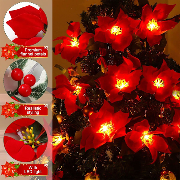 Konstgjorda Julstjärne-ljusslingor 2m 10LED Batteridrivna Sammet med Röda Bär och Mistelbär Julstjärne Fl