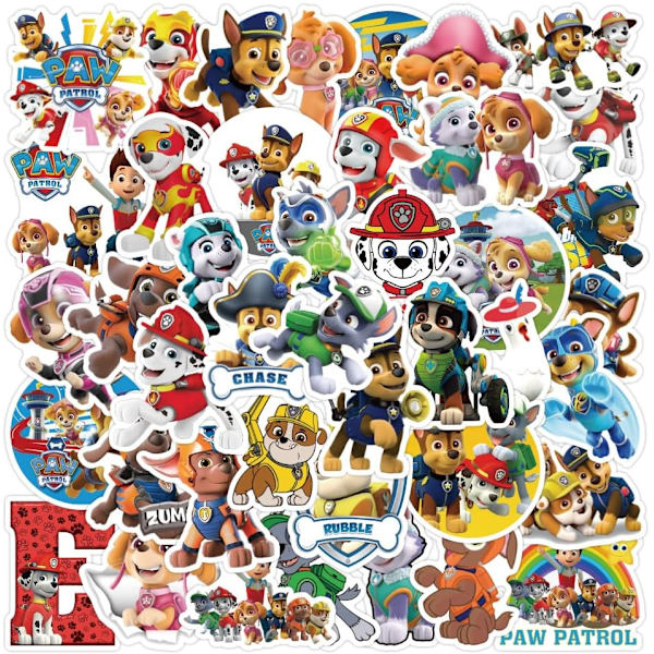 Paw Patrol -tarrat lapsille, 50 kpl vedenpitävää vinyylitarraa pyörään, moottoripyörään, graffiteihin, kannettavaan tietokoneeseen