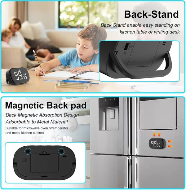 (Sort) Magnetisk køkkentimer med stort LCD-display, digitalt køkkentimer, magnetisk nedtællingstimer, digital timer 3