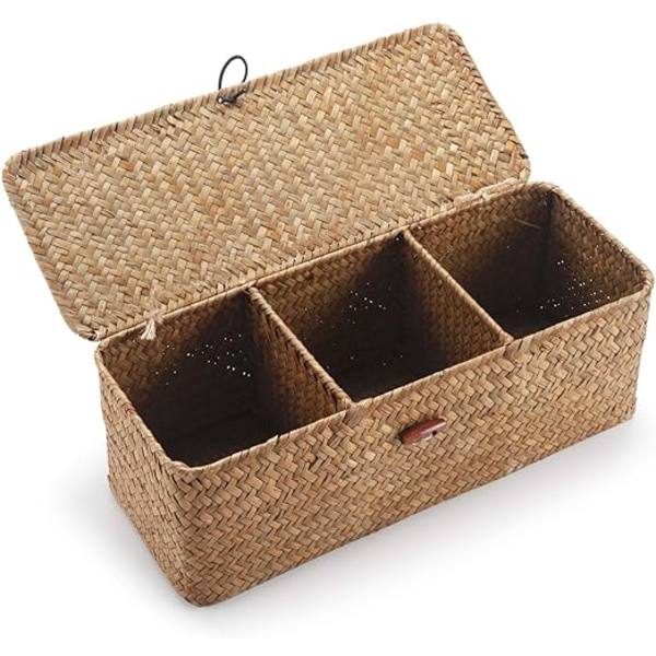 1 st Seagrass Förvaringskorg med Lock Rektangulär Vicker Kista med Fack för Att Organisera Toapapper Snacks Leksaker A