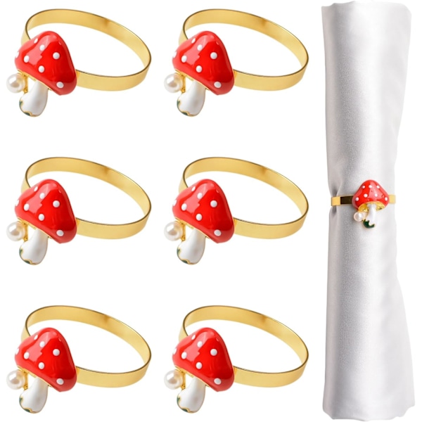 Red Mushroom Pearl Napkin Ring, 6pcs Napkin Holder Ring Elegant Napkin Rings Decor Metal Napkin Ring