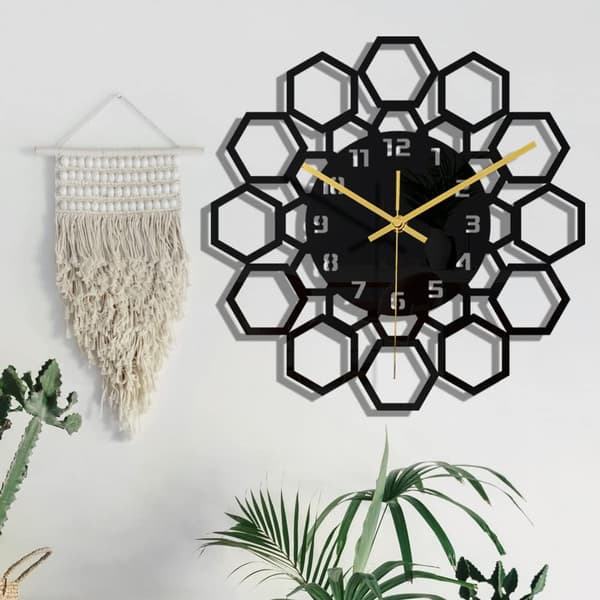 （hexagon）Svart rund ram väggklocka DIY Tyst modern design väggklockor lämplig för sovrum vardagsrum kontor konst D