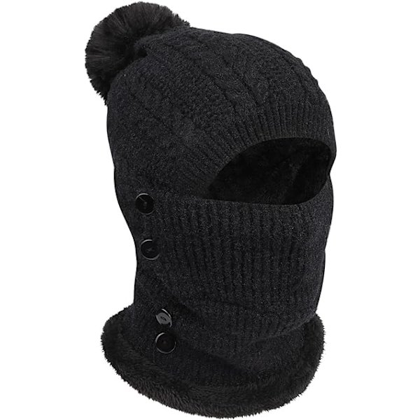 (Svart 56-58cm) Vintervarm Stickad Mössa och Halsvärmare Set, Flex