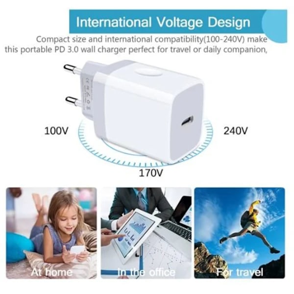 iPhone hurtiglader USB-C strømadapter 20W + 2m kabel Hvit