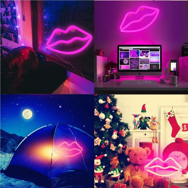 Neonlys LED, lyserøde læber, USB/batteridrevet neonlys, Neo