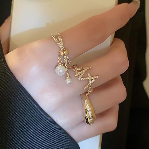 Hängande pärla kors öppet statement ring för kvinnor flickor 14K guldpläterad kubisk zirkonia justerbar lay