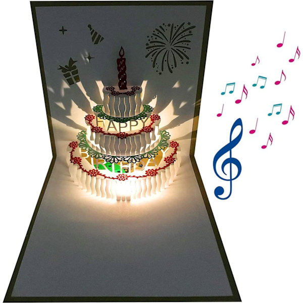 (Gullkake + Musikk Gult Lys) 1 stk 3D Pop-up Bursdagskort, Automatisk Spiller Musikk Varm LED Lys